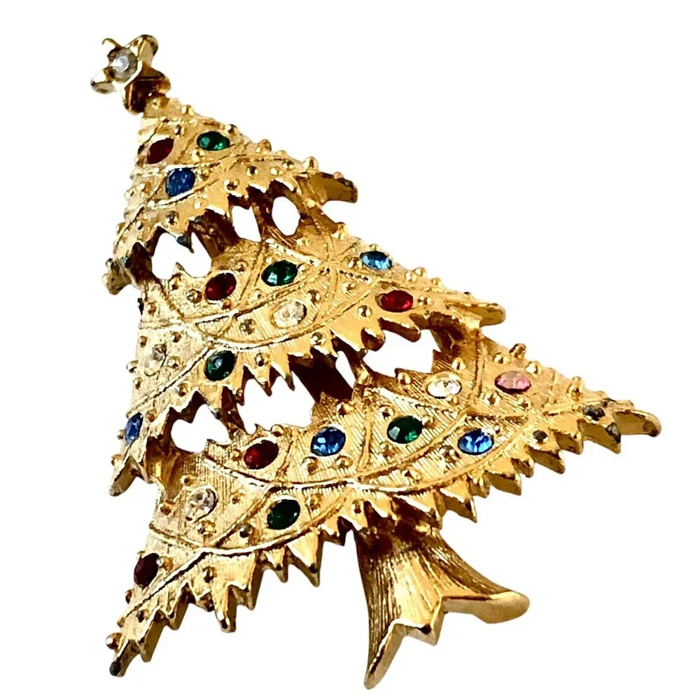 Eisenberg Ice Vintage Christmas Tree Pin Brooch Multi-Color Rhinestones Signed